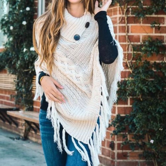 Say What? Sweaters - Say What?- Off White/ Cream  Poncho Fringe